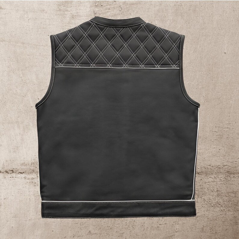 Men Leather Club Vest White Diamond Quilted Leather Vest,Men Biker Leather Vest ,Motorcycle Rider Waistcoat- Gift For Him Gift For Men
