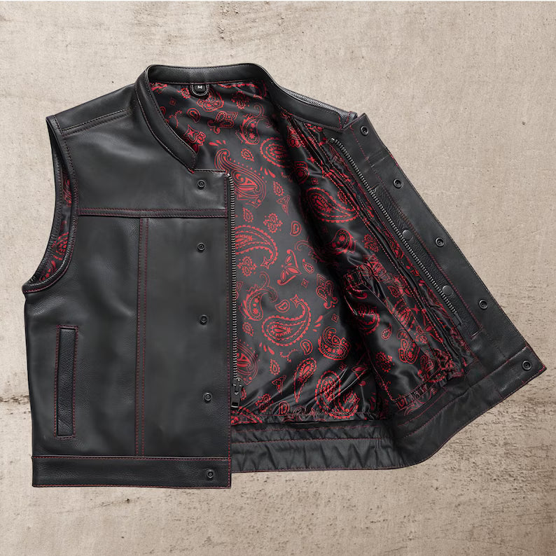 Men Leather Club Vest Cowhide Paisley Lining Leather Vest, Men Biker Leather Vest ,Motorcycle Rider Waistcoat Gift For Him Gift For Men