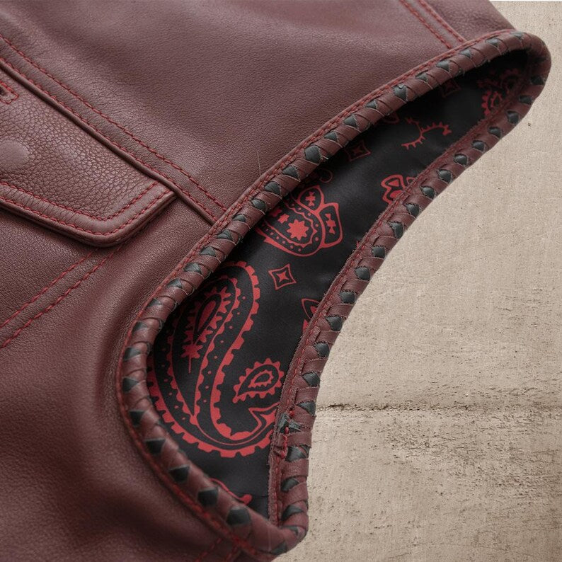 Men Maroon Leather Club Vest Cowhide Paisley Lining Leather Vest Men Biker Leather Vest,Motorcycle Rider Waistcoat Gift For Him Gift For Men