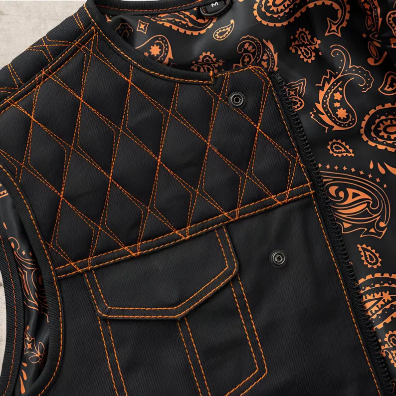 Men Jeans Club Vest Orange Paisley Diamond Quilted Denim Vest,Men Biker Jeans Vest ,Motorcycle Rider Waistcoat- Gift For Him Gift For Men