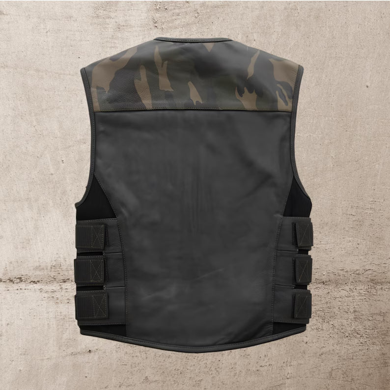 Men Leather Club Vest Cowhide Camo Green Leather Vest, Men Biker Leather Vest , Motorcycle Rider Waistcoat- Gift For Him Gift For Men