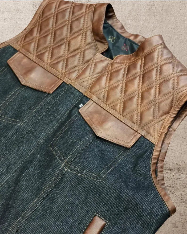 Men Brown wax Leather Club Vest Diamond Quilted Leather Vest,Men Biker Vest Motorcycle Rider Denim Waistcoat Gift For Him Gift For Men