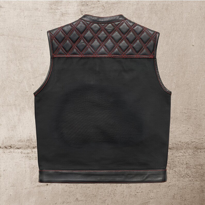 Men Leather Club Vest Diamond Quilted Red Stitch Leather Vest,Men Biker Leather Vest Motorcycle Rider Waistcoat Gift For Him Gift For Men