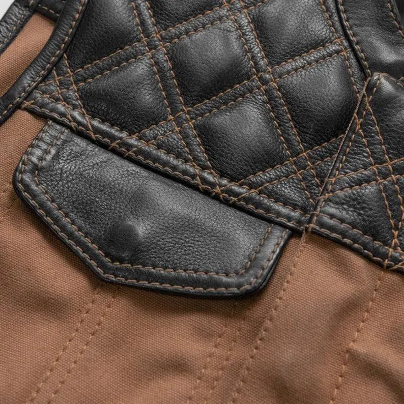 Men Leather Club Vest Diamond Quilted Leather Tan Canvas Vest,Men Biker Leather Vest Motorcycle Rider Waistcoat Gift For Him Gift For Men