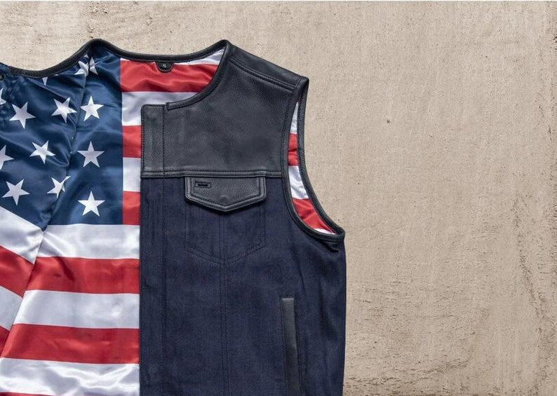 Men Leather Club Vest SOA Leather Vest USA Flag ,Men Biker Vest Motorcycle Rider Denim Waistcoat Gift For Him Gift For Men