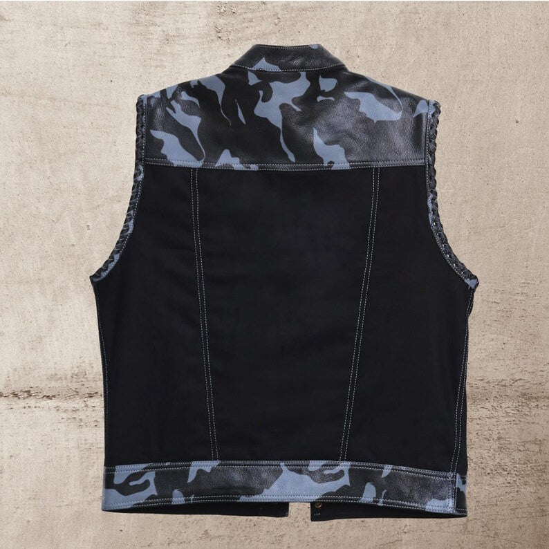 Men Leather Club Vest Cowhide Camo Braided Leather Vest, Men Biker Leather Vest , Motorcycle Rider Waistcoat- Gift For Him Gift For Men