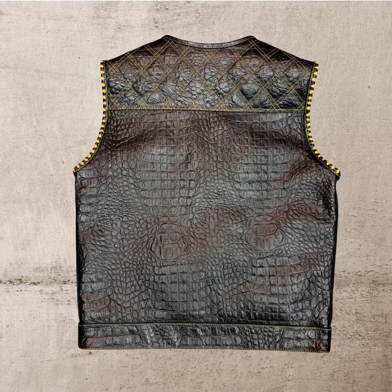 Men Leather Club Vest Crocodile Embossed Western Leather Vest,Men Biker Leather Vest ,Motorcycle Rider Waistcoat- Gift For Him Gift For Men