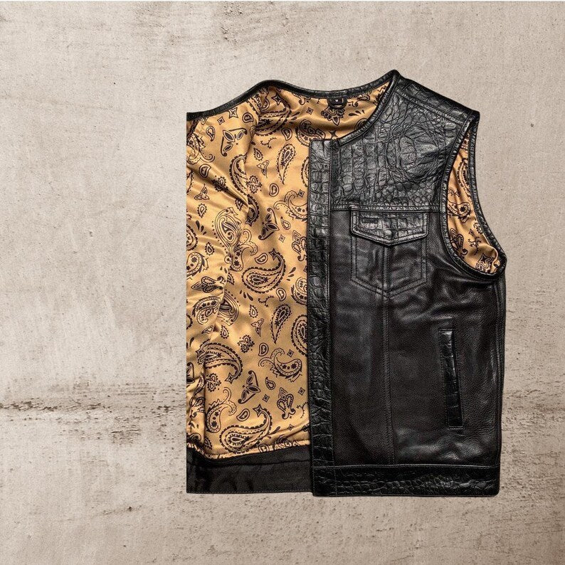 Men Leather Club Vest Crocodile Embossed Western Leather Vest,Men Biker Leather Vest ,Motorcycle Rider Waistcoat- Gift For Him Gift For Men