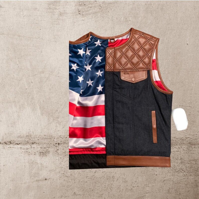 Men Leather Club Vest Diamond Quilted Tan Leather Vest USA Flag,Men Biker Leather Vest ,Motorcycle Rider Waistcoat Gift For Him Gift For Men