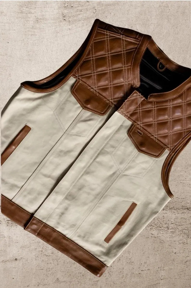 Men Leather Club Brown & Beige Leather Vest Men Biker Leather Diamond Quilted Vest Motorcycle Rider Waistcoat Gift For Him Gift For Men