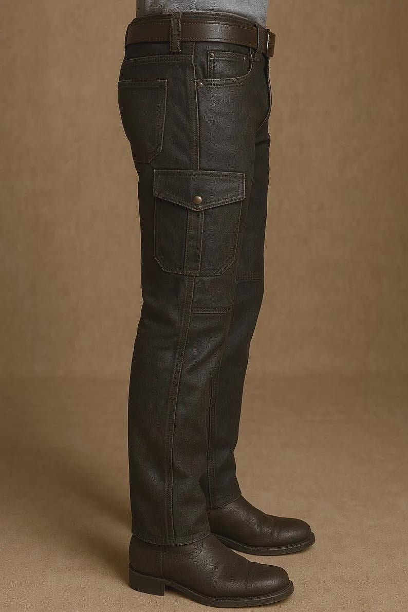Men’s Vintage Distressed Leather Cargo Pants, Handmade Biker Western Trousers with Six Pockets, Rugged Retro Style Gift for Him