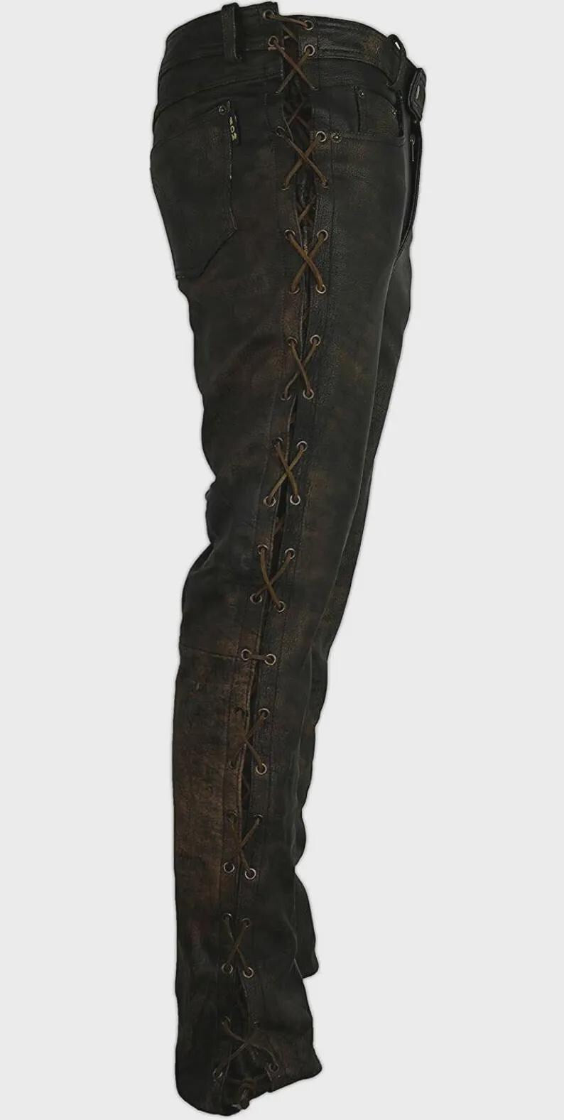 Men’s Vintage Distressed Leather Cargo Pants, Handmade Biker Western Trousers with Side Lases , Rugged Retro Style Gift for Him