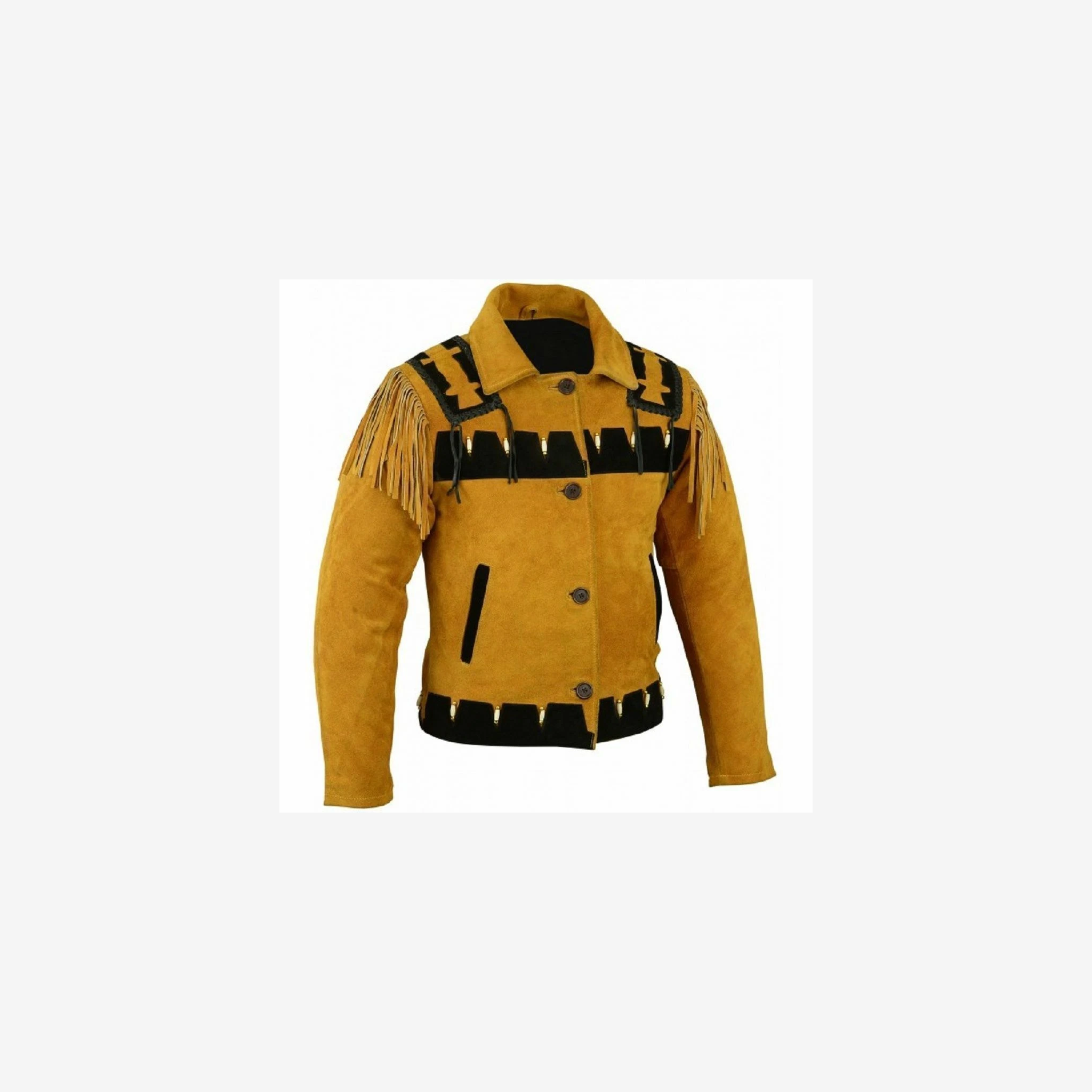 Men Western Cowboy Suede Fringe Jacket Beaded Native American Leather Jacket