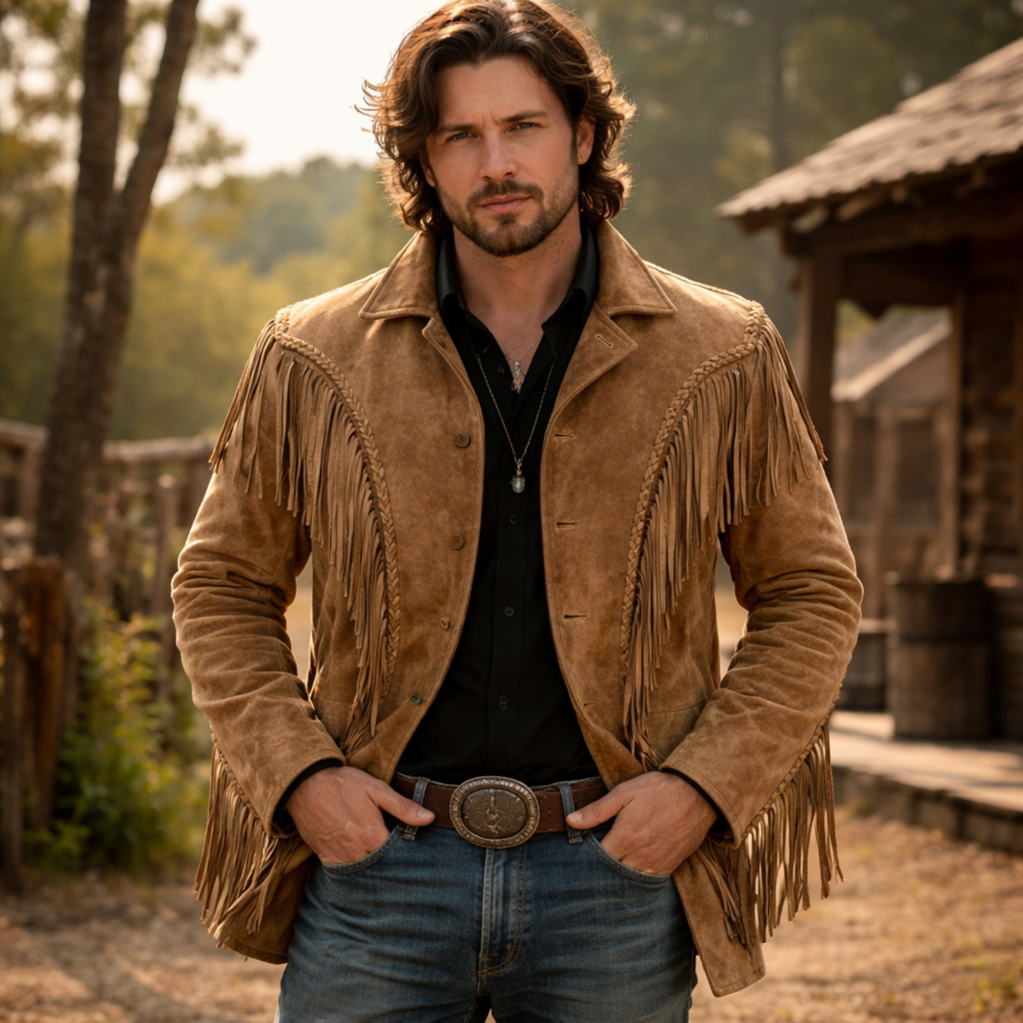 Men Western Cowboy Suede Fringe Jacket Native American Fringe Leather Jacket