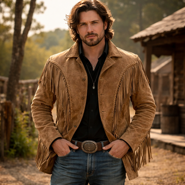 Men Western Cowboy Suede Fringe Jacket Native American Fringe Leather Jacket