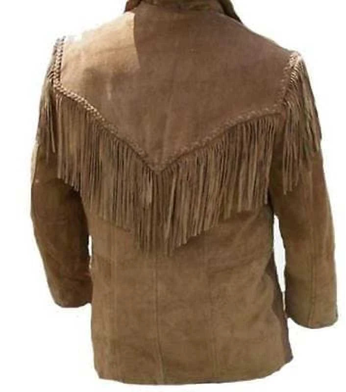 Men Western Cowboy Suede Fringe Jacket Native American Fringe Leather Jacket