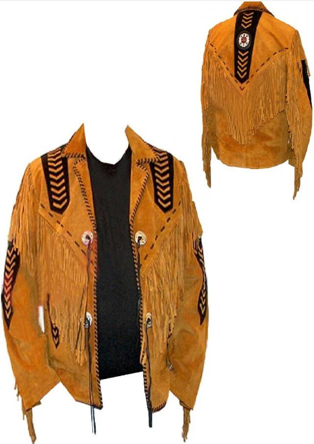 Men Western Cowboy Suede Fringe Jacket Beaded Native American Leather Jacket