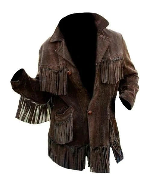 Men Western Cowboy Suede Fringe Jacket Native American Fringe Leather Jacket