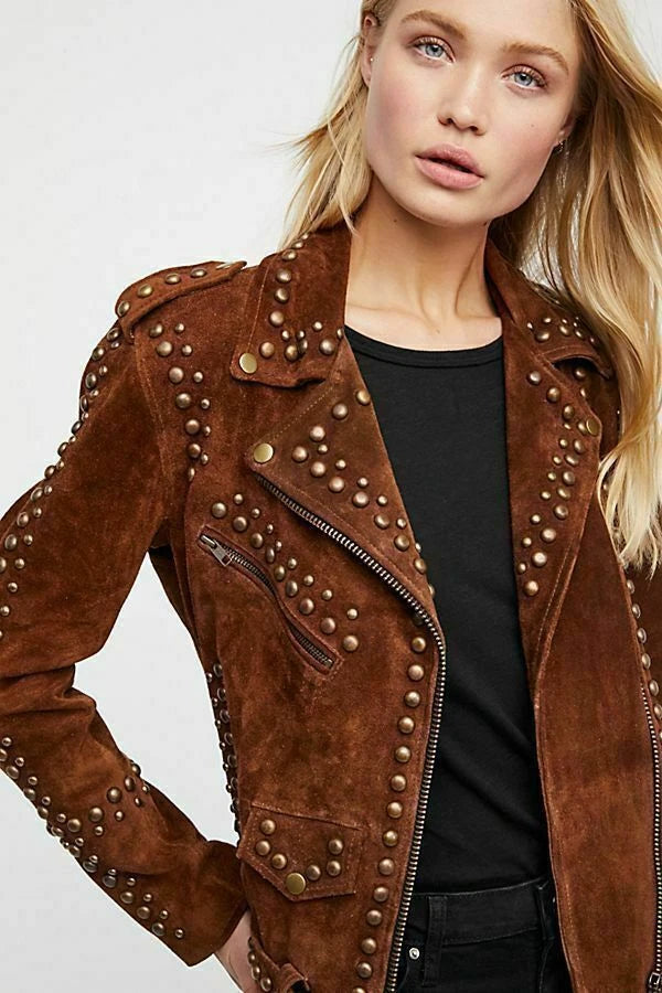 Women Brown Western Style Suede Leather Jacket Tips & Studs - Zipper