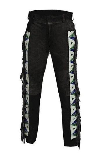 Men Native American Western Cowboy Leather Pants Suede Fringe Full Leg Beaded