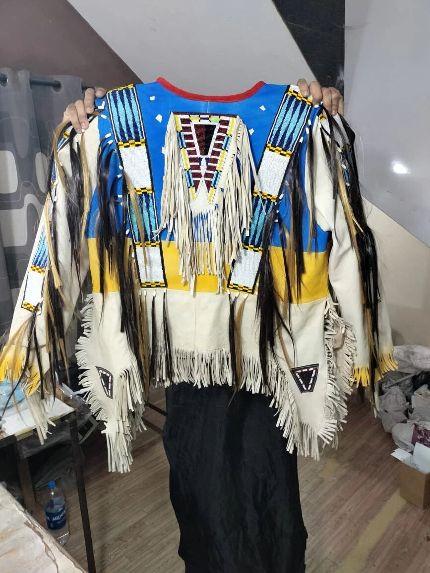 Men Traditional Wear Western Style Suede Leather Warrior Shirt Fringes & Beaded