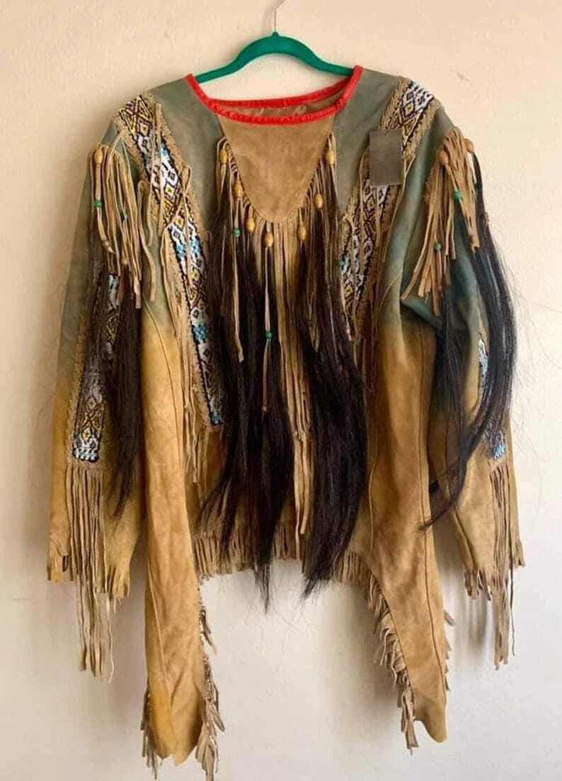 Men Traditional Wear Western Style Suede Leather Warrior Shirt Fringes & Beaded
