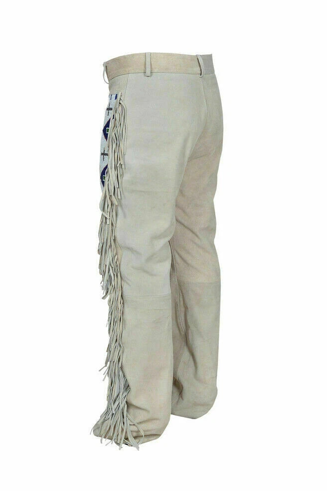 Men Native American Western Cowboy Leather Pants Suede Fringe Full Leg Beaded