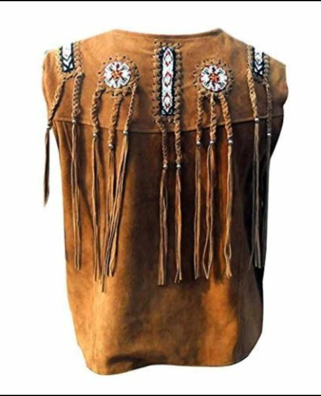 Men Suede Leather Western Style Vest Fringed & Beaded Waistcoat - Tan Brown