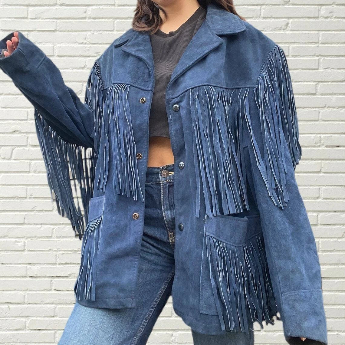 Women Blue Suede Leather Jacket With Fringes - American Native Western Style