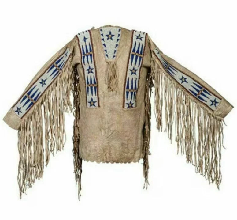 Men Traditional Wear Western Style Suede Leather Warrior Shirt Fringes & Beaded