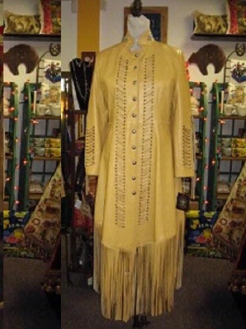 Women's Native American Style Powwow Wedding Dress Tan Beaded Fringe LD148