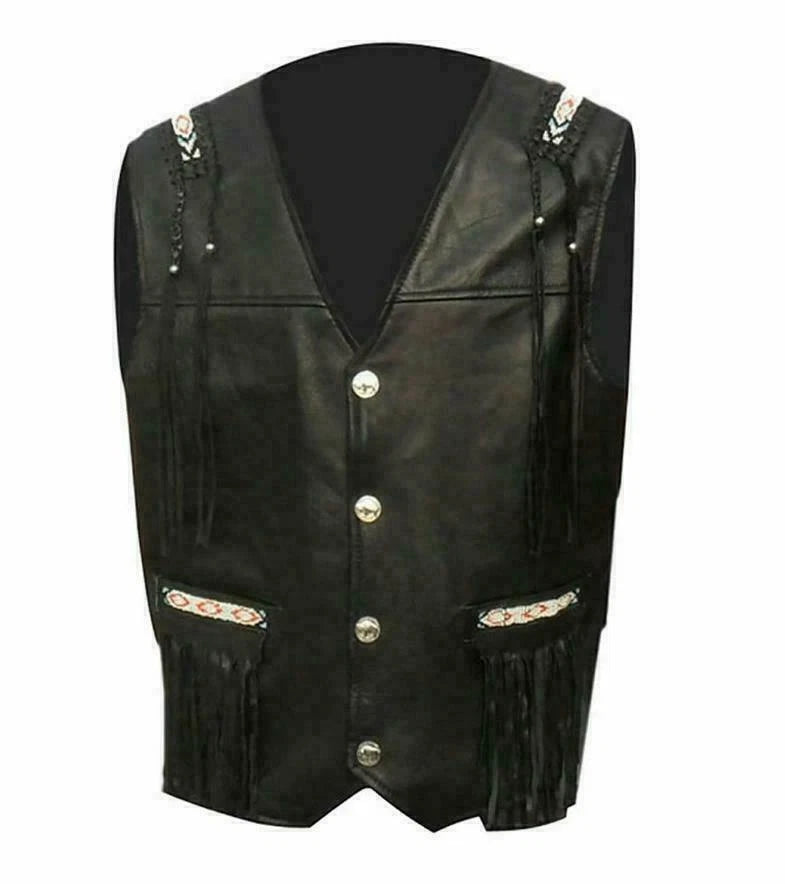 Men Real Leather Western Style Vest Fringed & Beaded Waistcoat - Black Leather