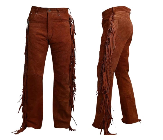 Men Native American Western Cowboy Leather Pants Suede Full Leg Fringe - Pockets