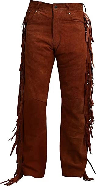 Men Native American Western Cowboy Leather Pants Suede Full Leg Fringe - Pockets