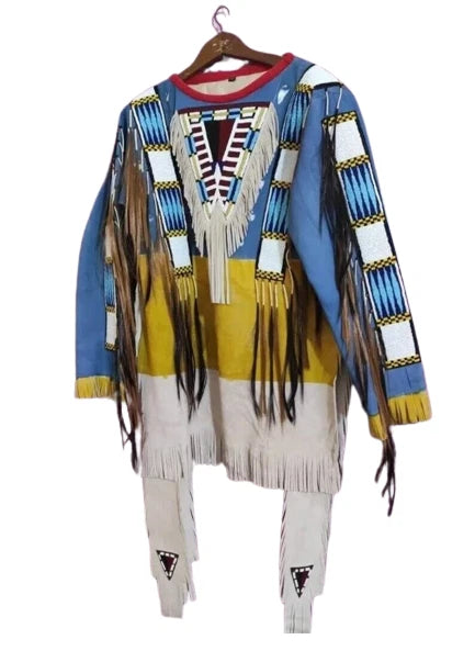Men Traditional Wear Western Style Suede Leather Warrior Shirt Fringes & Beaded