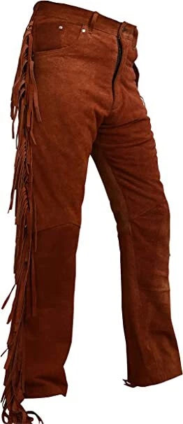 Men Native American Western Cowboy Leather Pants Suede Full Leg Fringe - Pockets