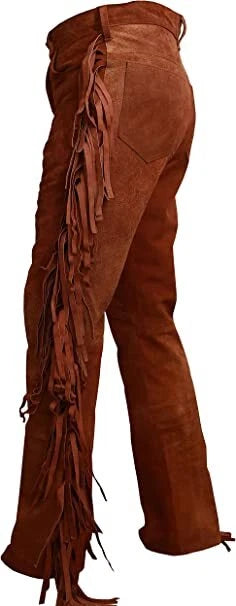 Men Native American Western Cowboy Leather Pants Suede Full Leg Fringe - Pockets