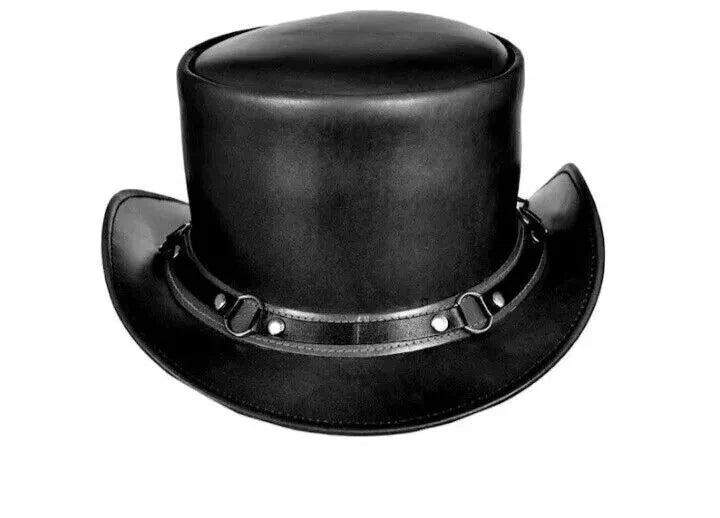 Black Leather Steampunk Top Hat El Dorado Top Hat SR2 Band Bikers Hat