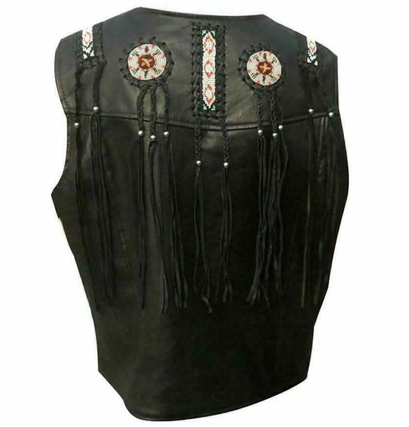 Men Real Leather Western Style Vest Fringed & Beaded Waistcoat - Black Leather