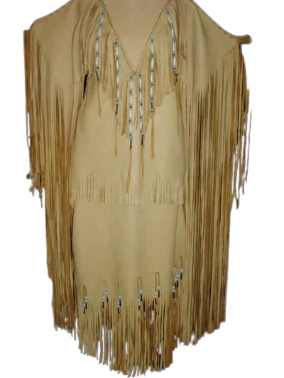 Native American Powwow Wedding Dress Women's Tan Beaded Fringe Indigenous WD223