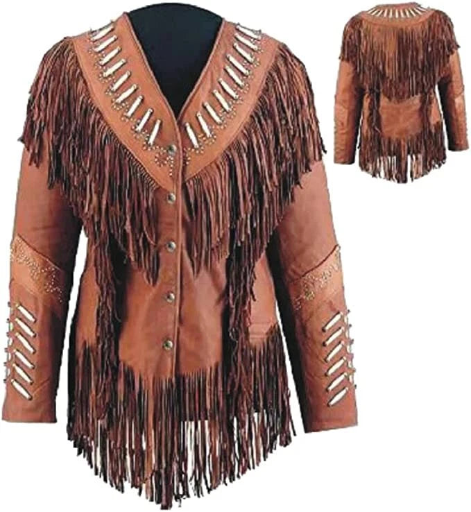 Women Native American Western Cowboy Real Leather Jacket Contrast Fringe & Bead