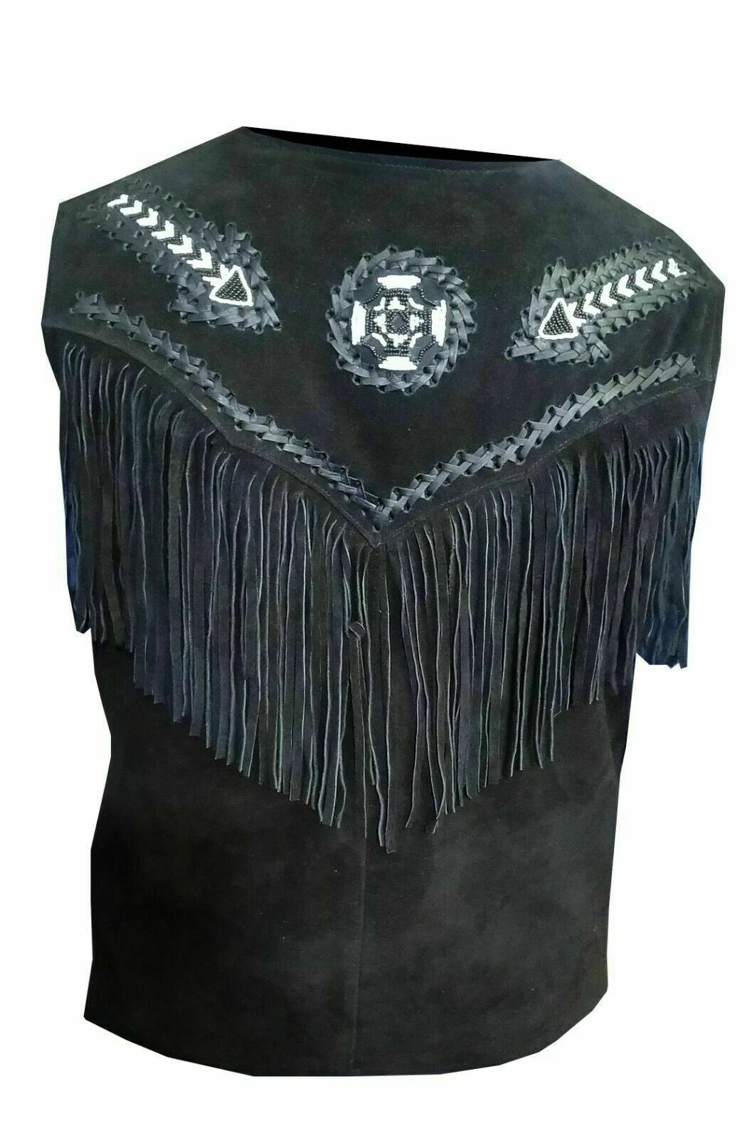 Men Black Suede Leather Western Style Vest Fringed & Beaded - Waistcoat