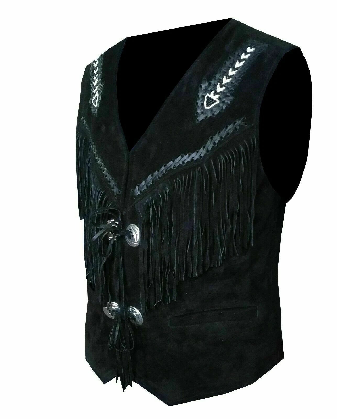 Men Black Suede Leather Western Style Vest Fringed & Beaded - Waistcoat
