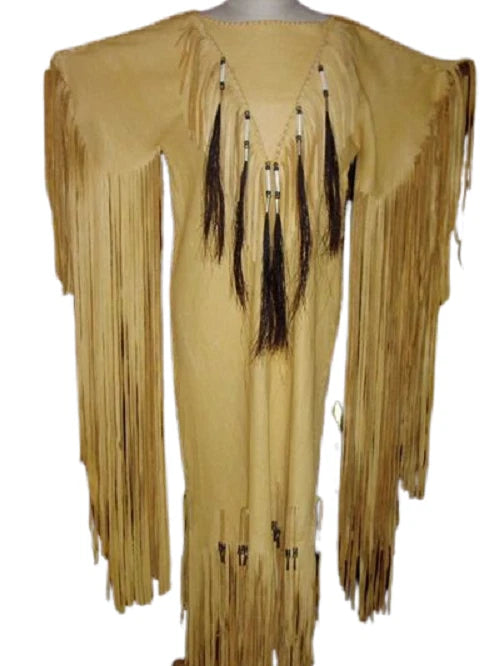 Native American Powwow Wedding Dress Women's Tan Beaded Fringe Indigenous WD222