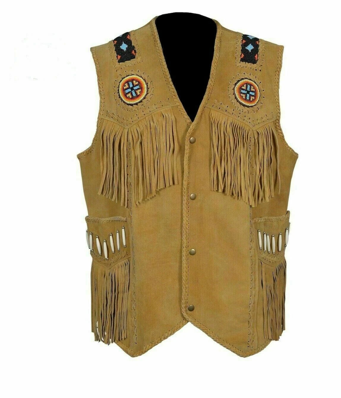 Men Suede Leather Western Style Vest Fringed & Bead Work - Waistcoat
