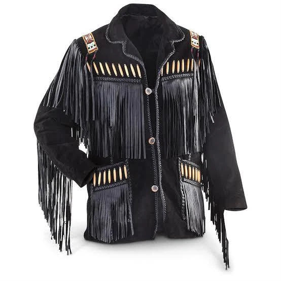 Men Western Cowboy Suede Fringe Jacket Beaded Native American Leather Jacket