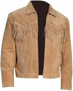 Men Western Cowboy Suede Fringe Jacket Native American Fringe Leather Jacket