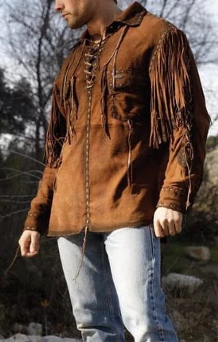 Men Western Cowboy Suede Fringe Shirt Native American Fringe Leather Jacket