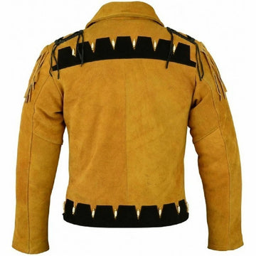 Men Western Cowboy Suede Fringe Jacket Beaded Native American Leather Jacket