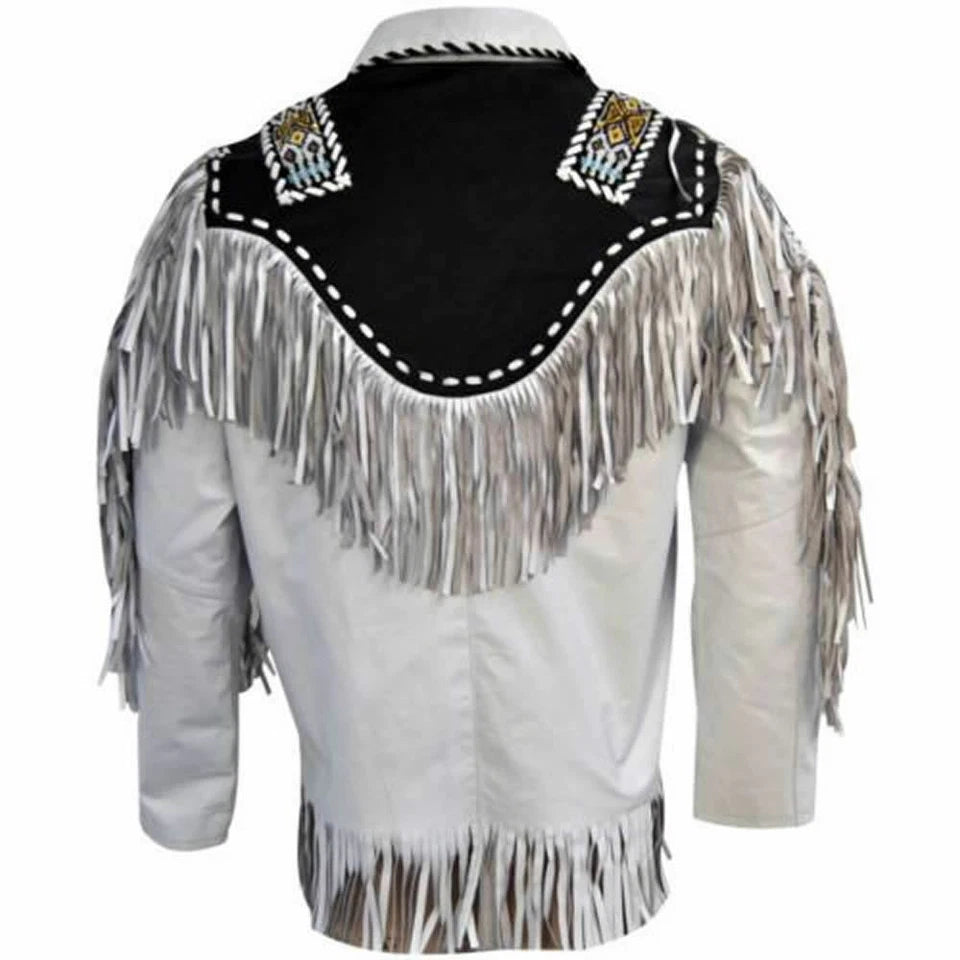 Men Western Cowboy Fringe Jacket Beaded Native American Real Leather Jacket